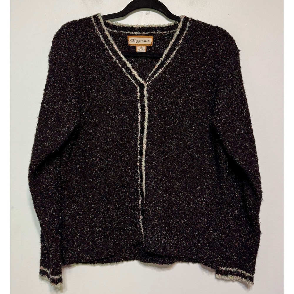 Kamal Y2K Boucle Wool‎ Blend Cardigan Sweater Small Old Money Preppy Academia
